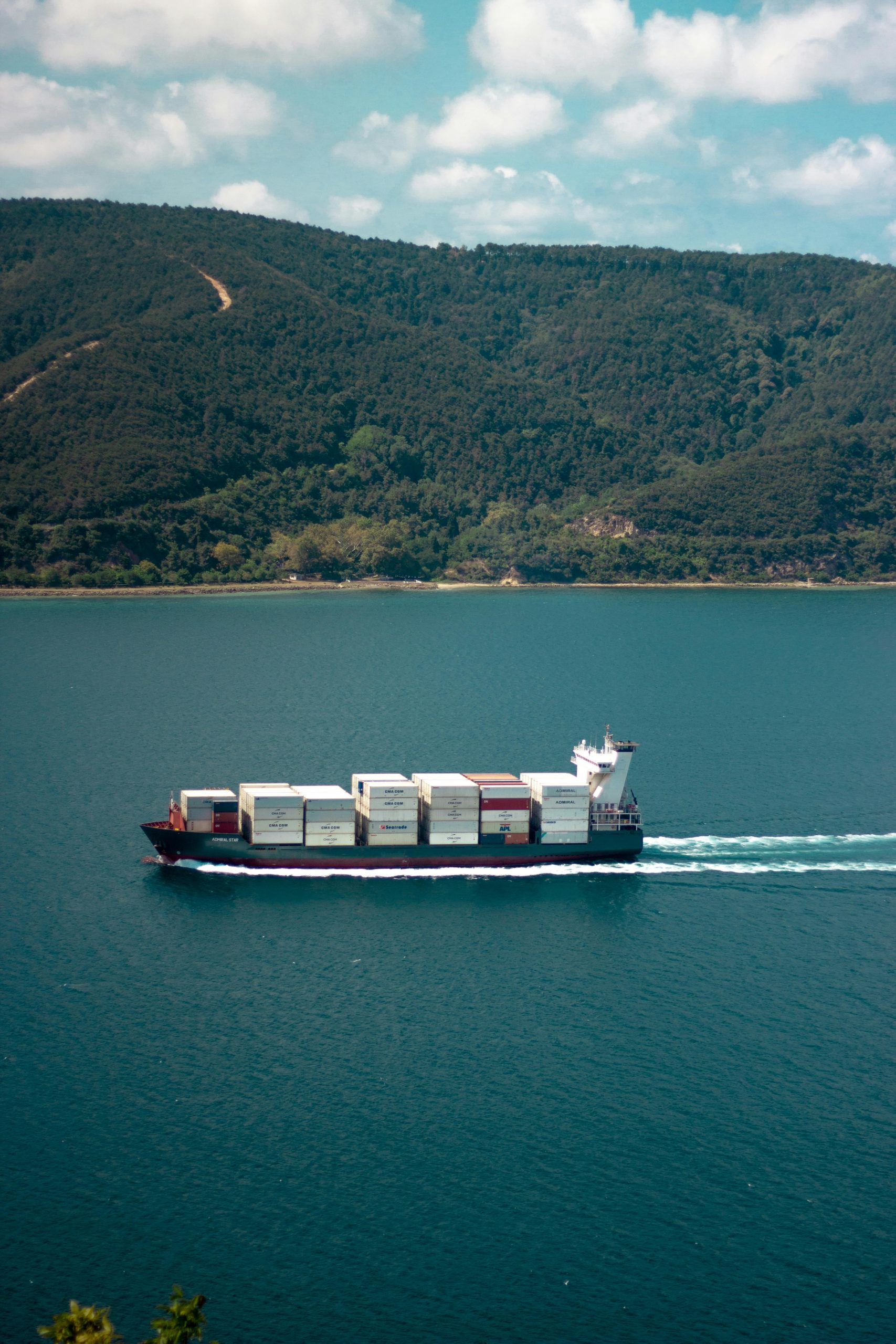 Aerial view of a container ship sailing in Anadolu Kavağı, Istanbul, set against lush hills.